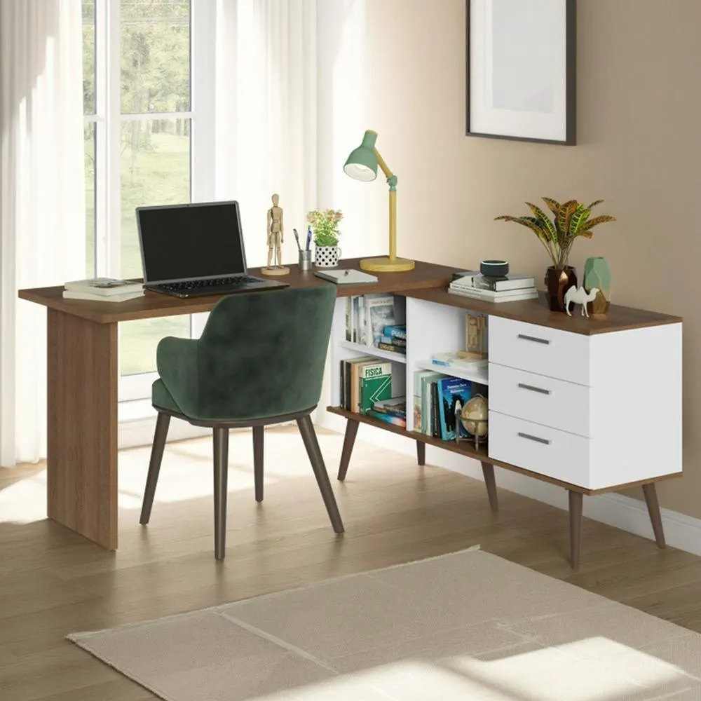 Escrivaninha Mesa de Estudos De Canto 3 Gavetas Branco/Rustic Lisboa Madesa