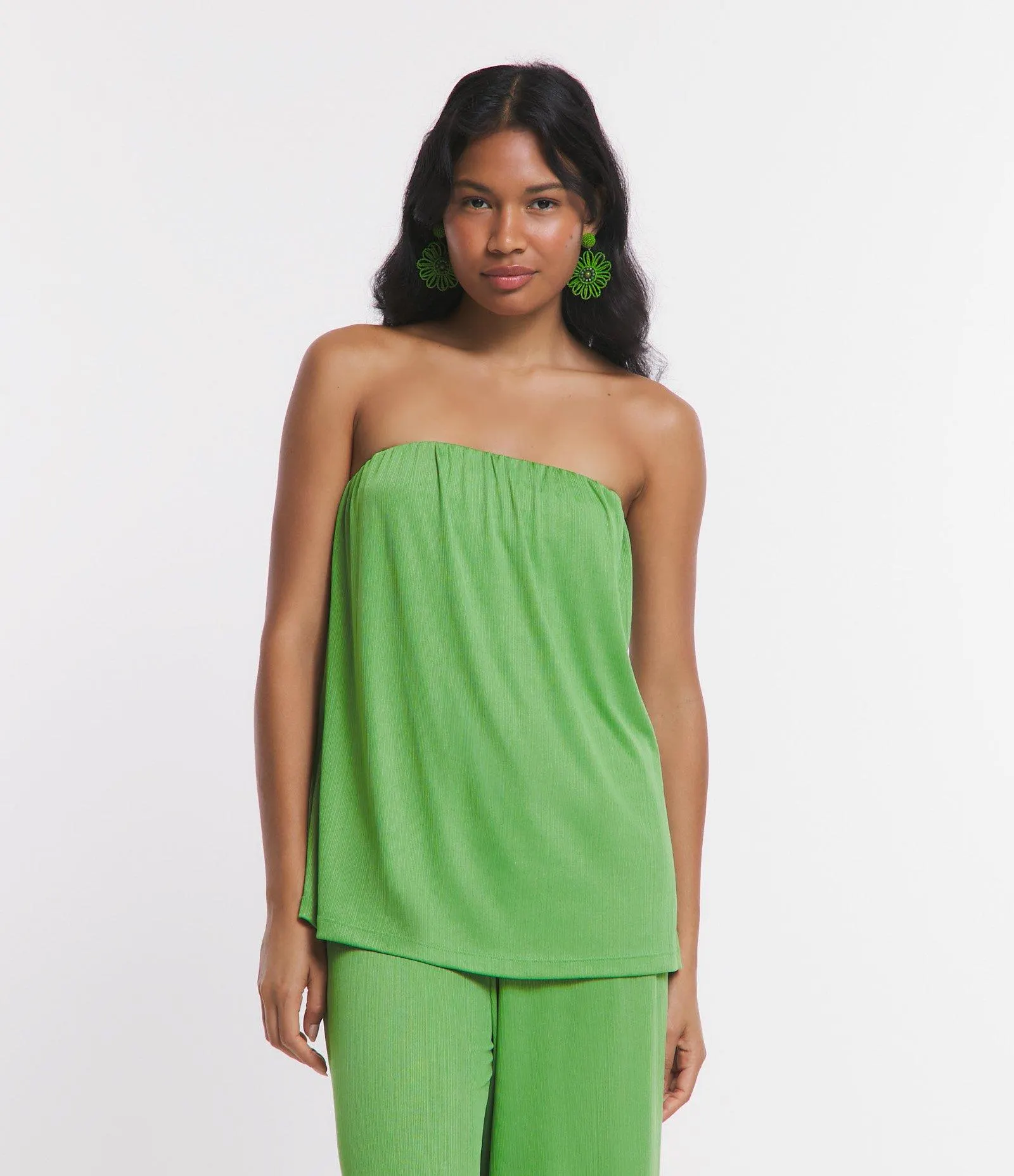 Blusa Tomara que Caia Texturizada e Plissada Verde