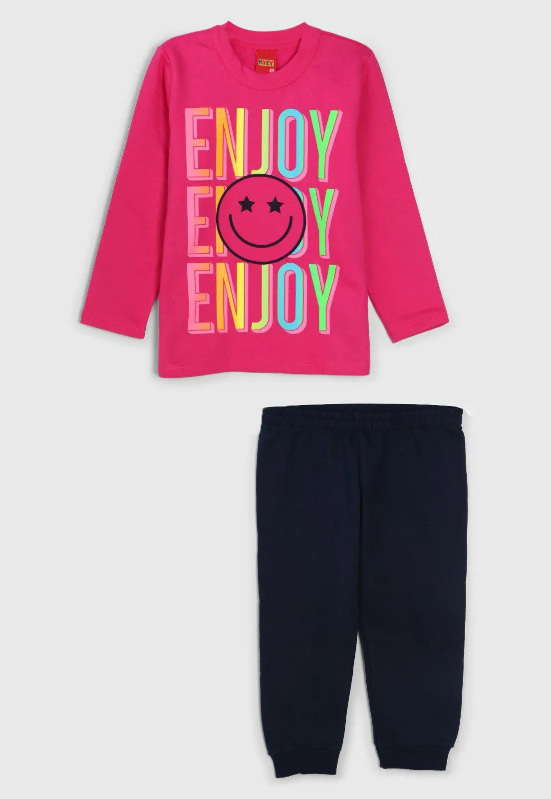Conjunto Infantil 2pçs Manga Longa Kyly Enjoy Rosa/Azul-Marinho
