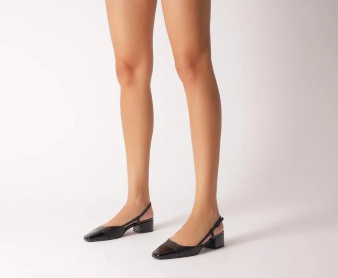 Sapatilha Slingback Salto Bloco Ponta Verniz Preta
