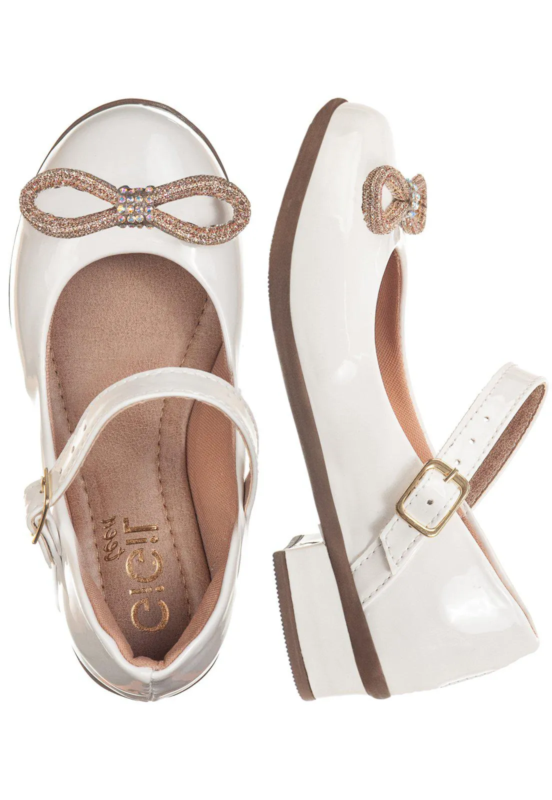 Sapatilha Infantil GiGiL Teen Boneca Salto Grosso Baixo Laço Brilho Branco