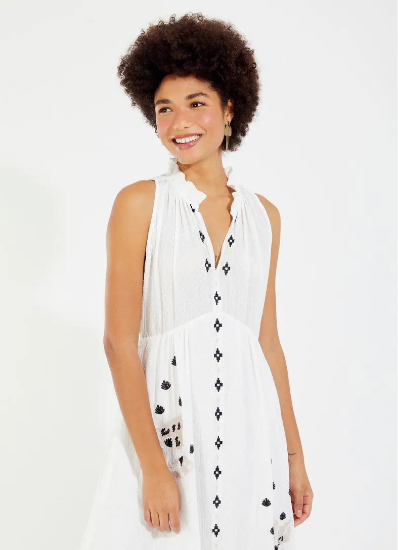 Vestido midi algodão enrugado poá bordado off white