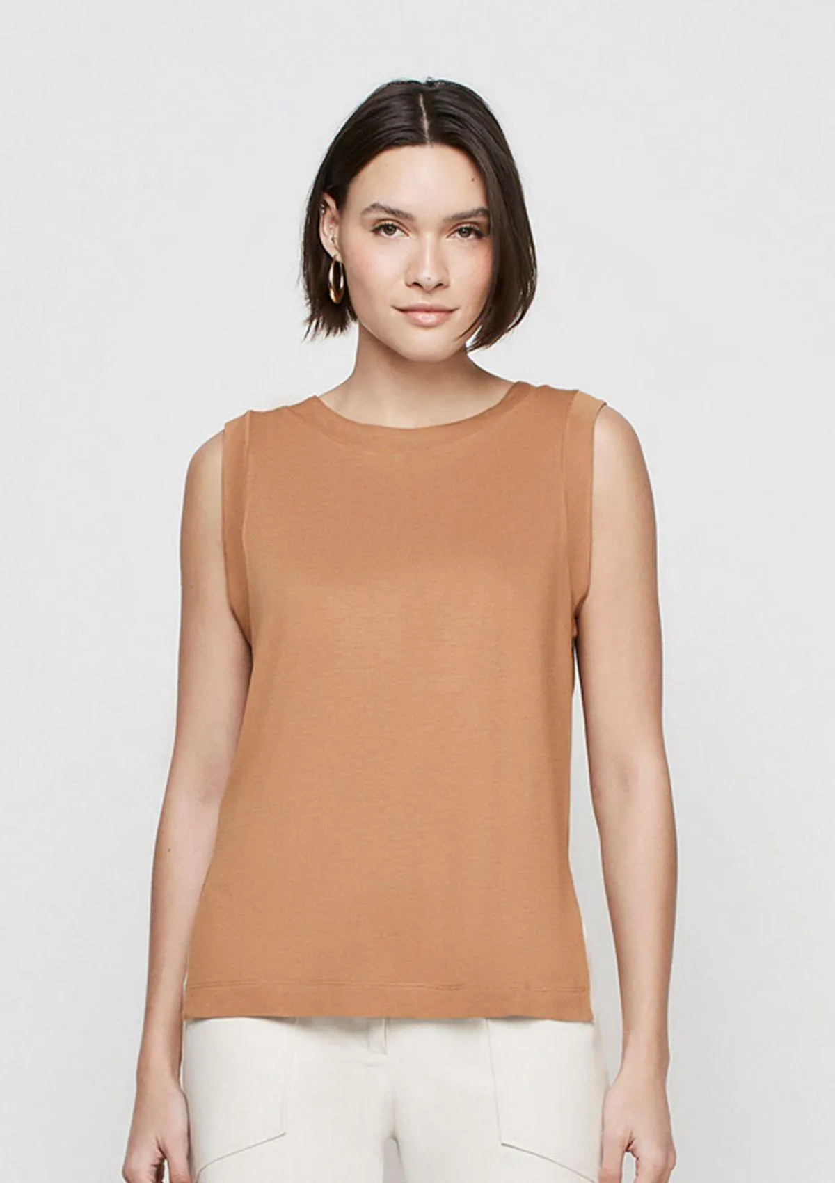 Regata Alongada Decote Redondo Em Tricô - Marrom