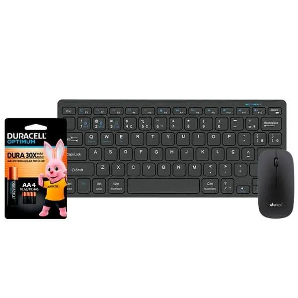 Kit (Teclado/Mouse) Bluetooth wireless, Preto, KMWB350, App-Tech + Pilha Alcalina Duracell Pequena AA, Optimum CX 1 UN