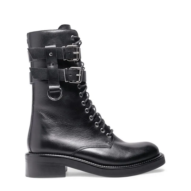 Bota Preta Couro Cano Médio Fivelas