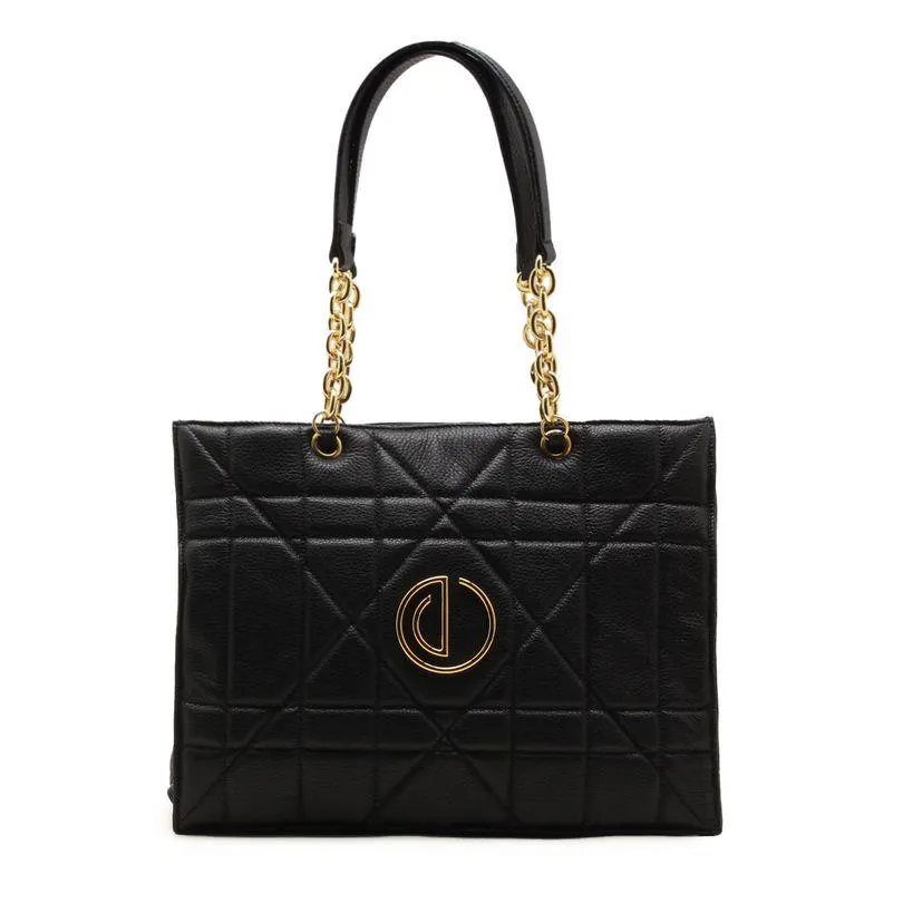 Bolsa Média Preta de Couro Matelassê Shopper