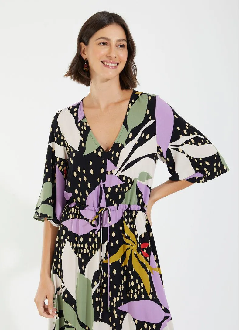 Vestido midi decote v estampado maxi folhagem