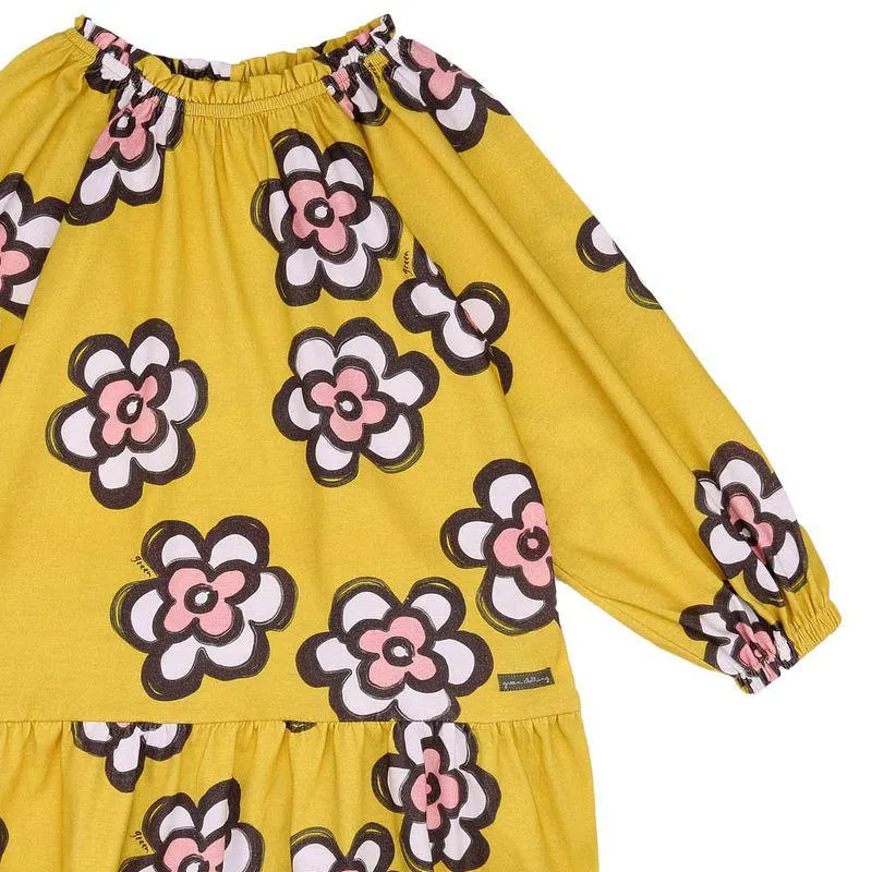 Vestido Infantil Green Flower Amarelo Manga Longa
