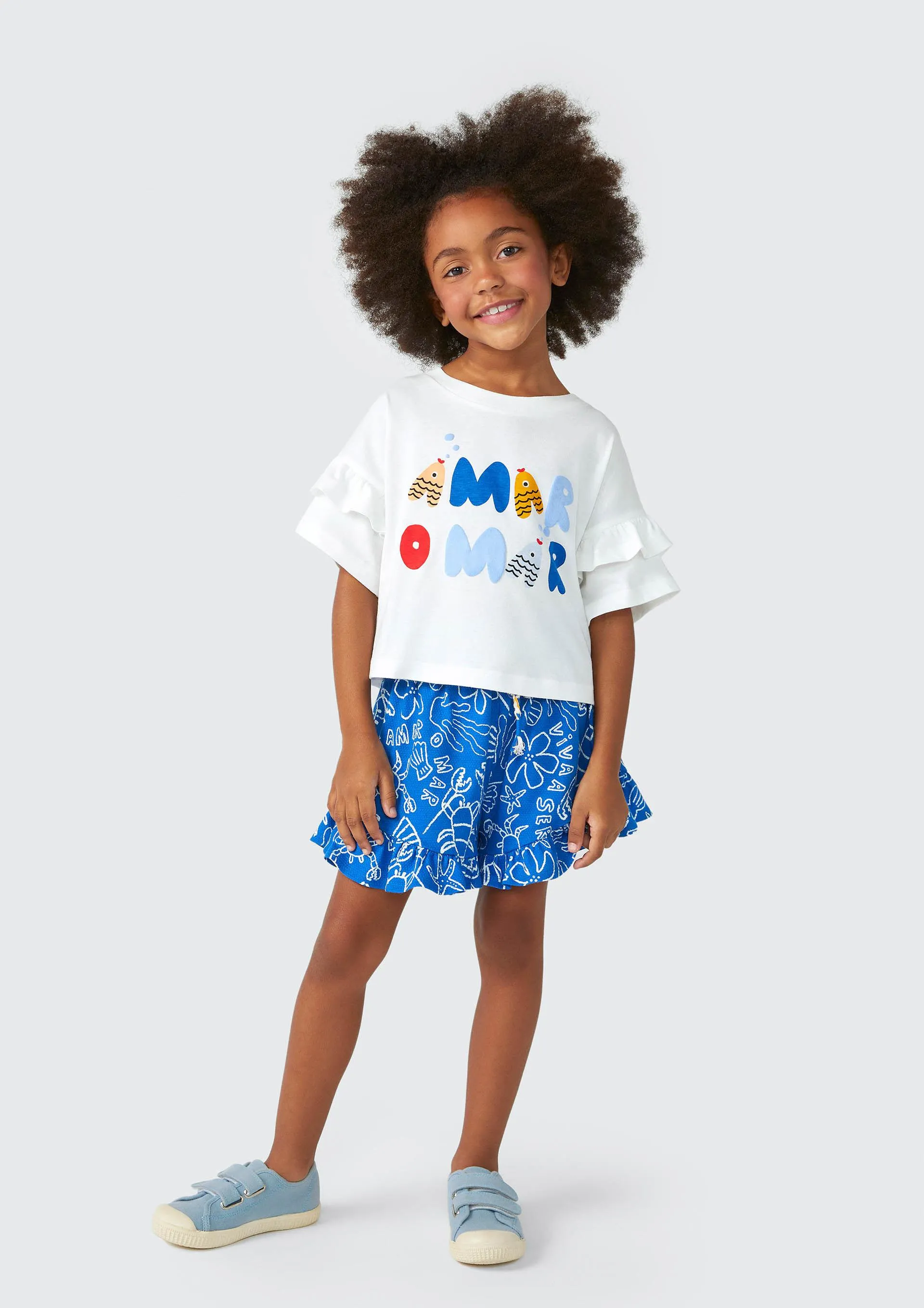 Shorts Infantil Menina Amplo Estampado Fábula - Azul