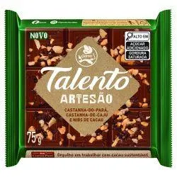 Chocolate Talento Artesão Castanha de Caju, Castanha do Pará e Nibs de Cacau 75g