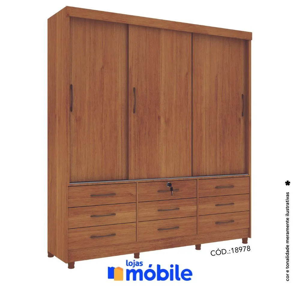 Guarda Roupas Casal 1,99m 3 Portas de Correr e 9 Gavetas (18978)