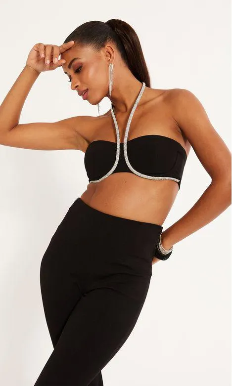 Cropped Malha Strapless Cadarço Cristais - Preto