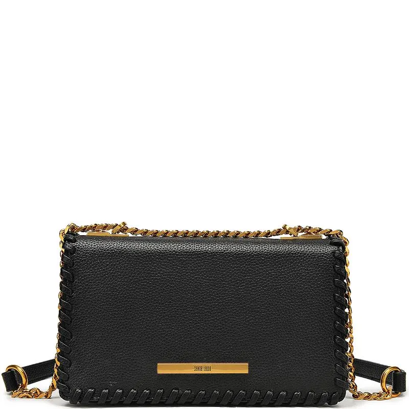 Bolsa Flap Bag Tiracolo Texturizada com Detalhes Trançados Preta e Alça de Corrente Dourada