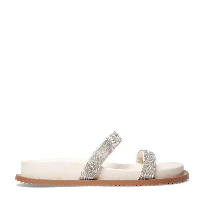 Rasteira Papete Shiny Lolla Flat com Tiras de Brilho Strass Branca