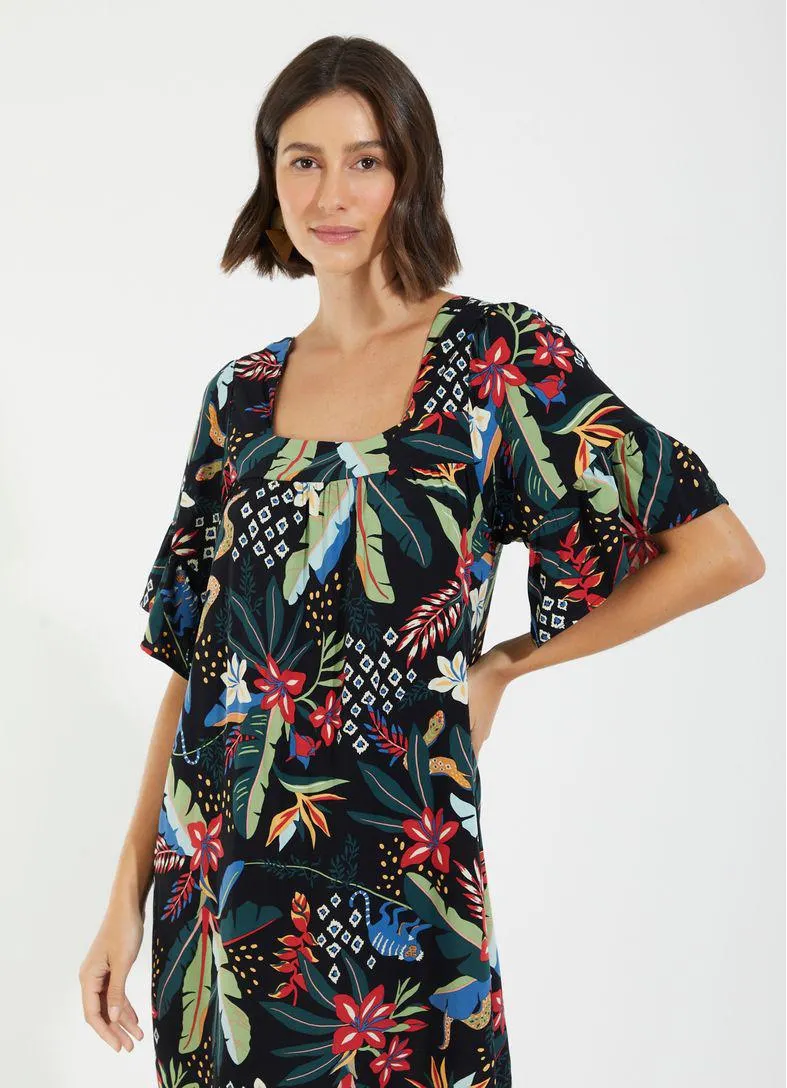 Vestido curto manga ampla estampado nativa preto