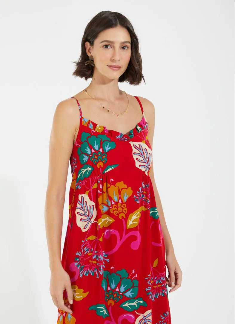 Vestido midi estampado prosa vermelho