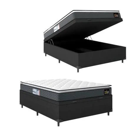 Cama Box Baú Casal Colchão Espuma D33 Pillow Top Millenium 138x188x60cm Cinza/Preto Hellen - Suporta até 120kg por Pessoa