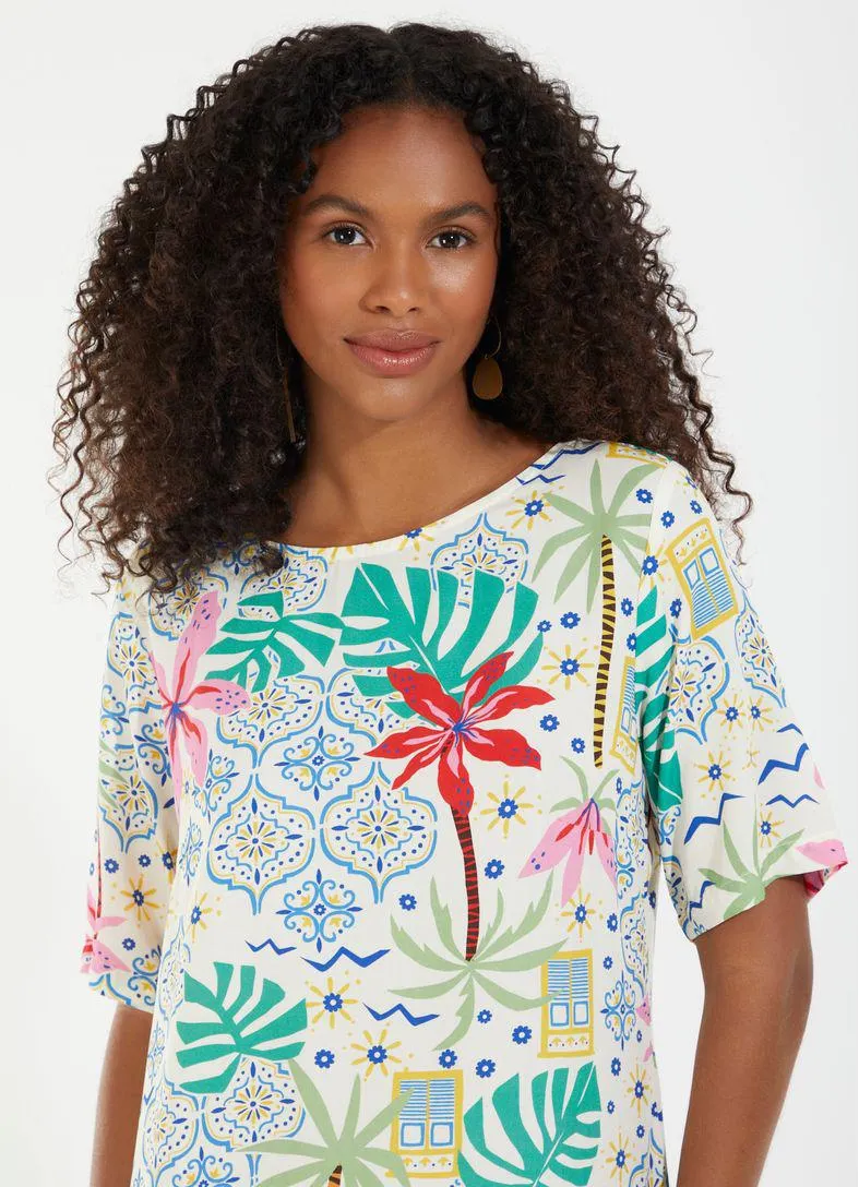 Vestido t-shirt estampado azulejo floral off white