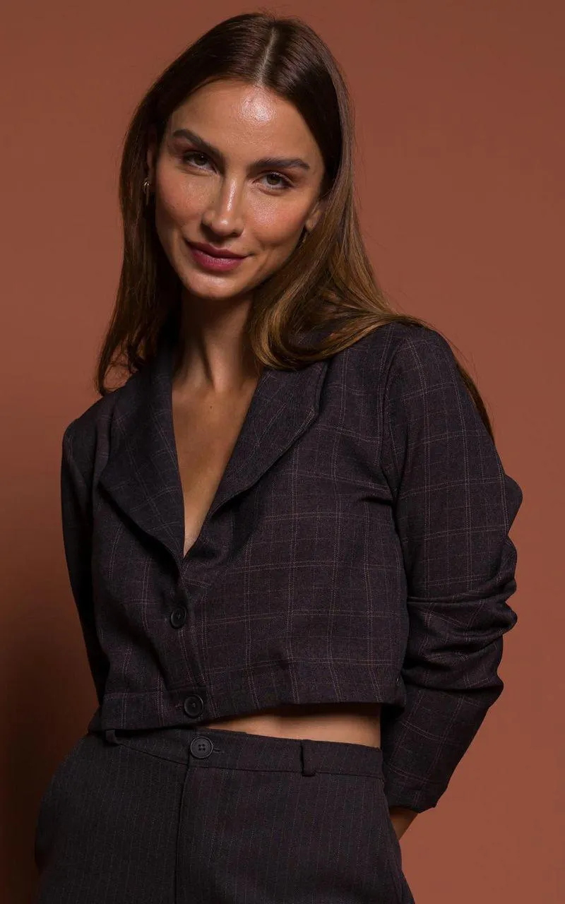 Blazer cropped Xadrez - PRETO