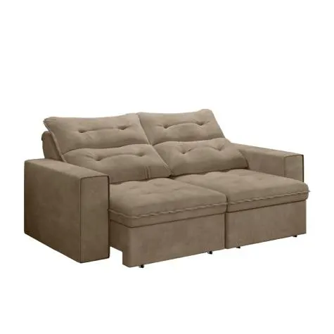 Sofá Retrátil e Reclinável com Baú 2m 3 Lugares Maverik Suede Bege Com Molas Selmer
