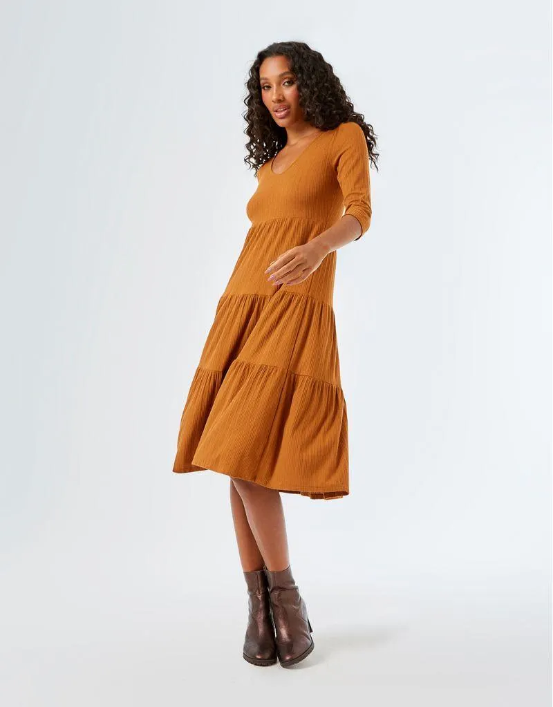 Vestido Canelado Marias Midi - Caramelo