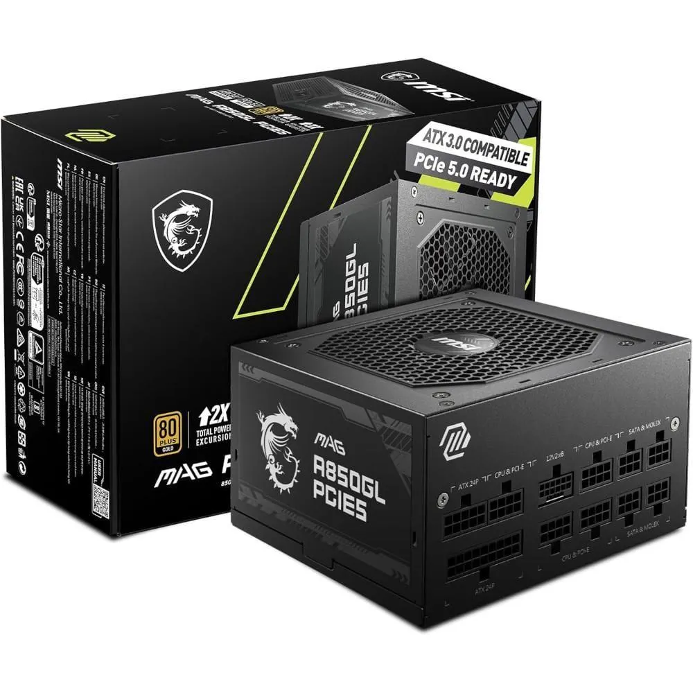 Fonte PC 850W 80 Plus Gold MSI MAG A850GL, Compatível com ATX 3.0, conector nativo PCIe 5.0, PFC Ativo, Modular