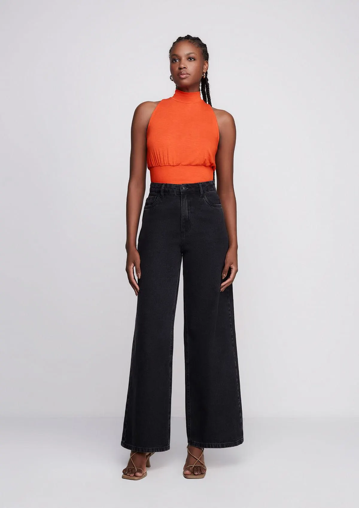 Calça Jeans Pantalona Cintura Alta - Preto