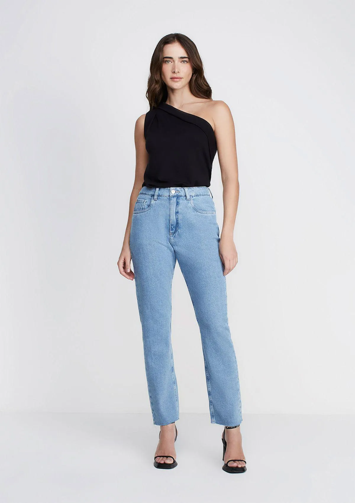 Calça Jeans Reta Slim Cintura Alta - Azul