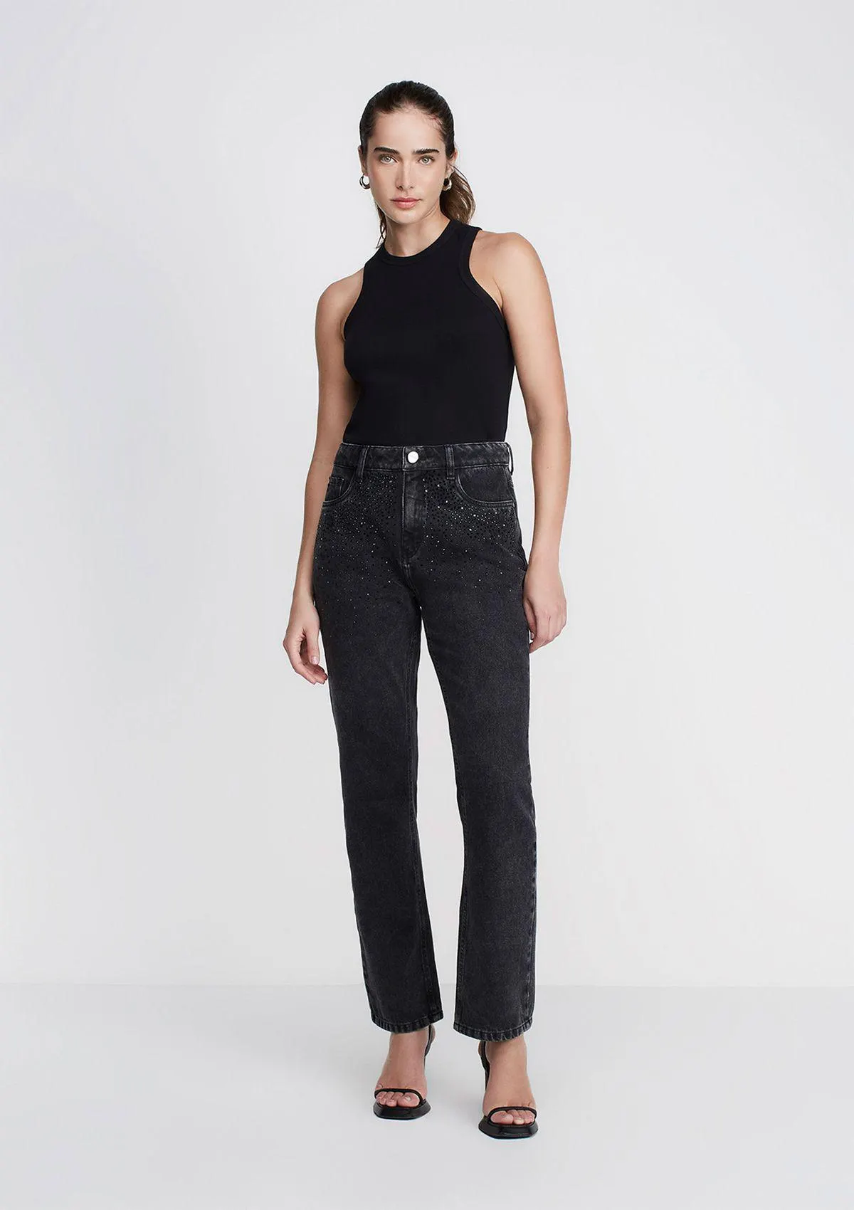 Calça Jeans Reta Slim Cintura Alta - Preto