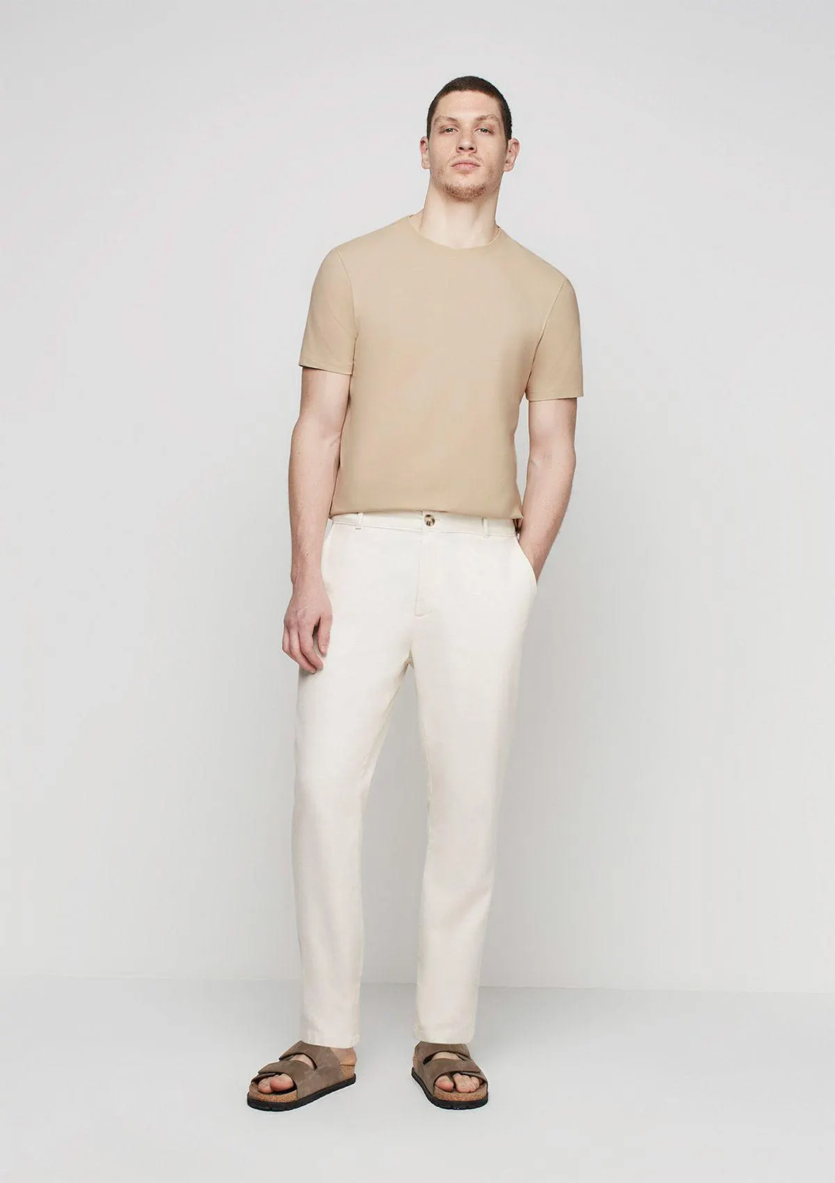 Calça Masculina Slim Em Sarja Com Linho - Off White