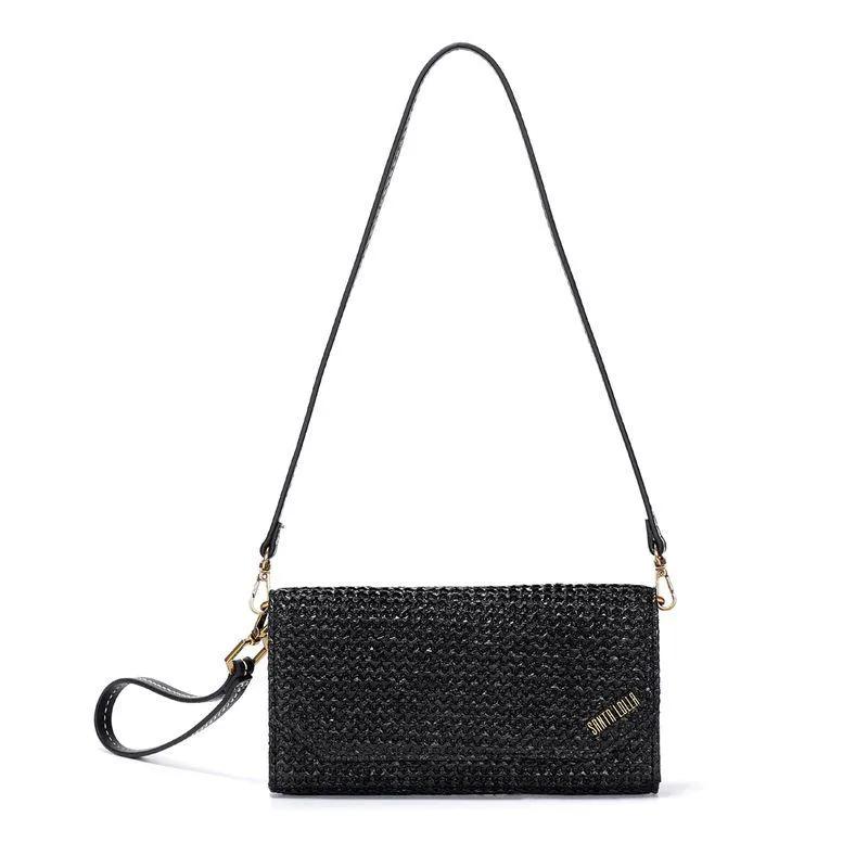 Bolsa Carteira Preta Tramada Alça Fina