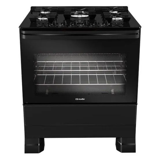Fogão Mueller 5 bocas Preto com Mesa de Vidro e Tripla Chama MFV5BF