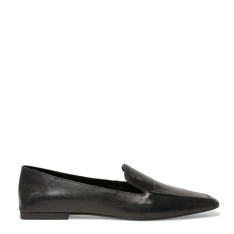 Sapato Mocassim Preto Couro Flat Bico Quadrado
