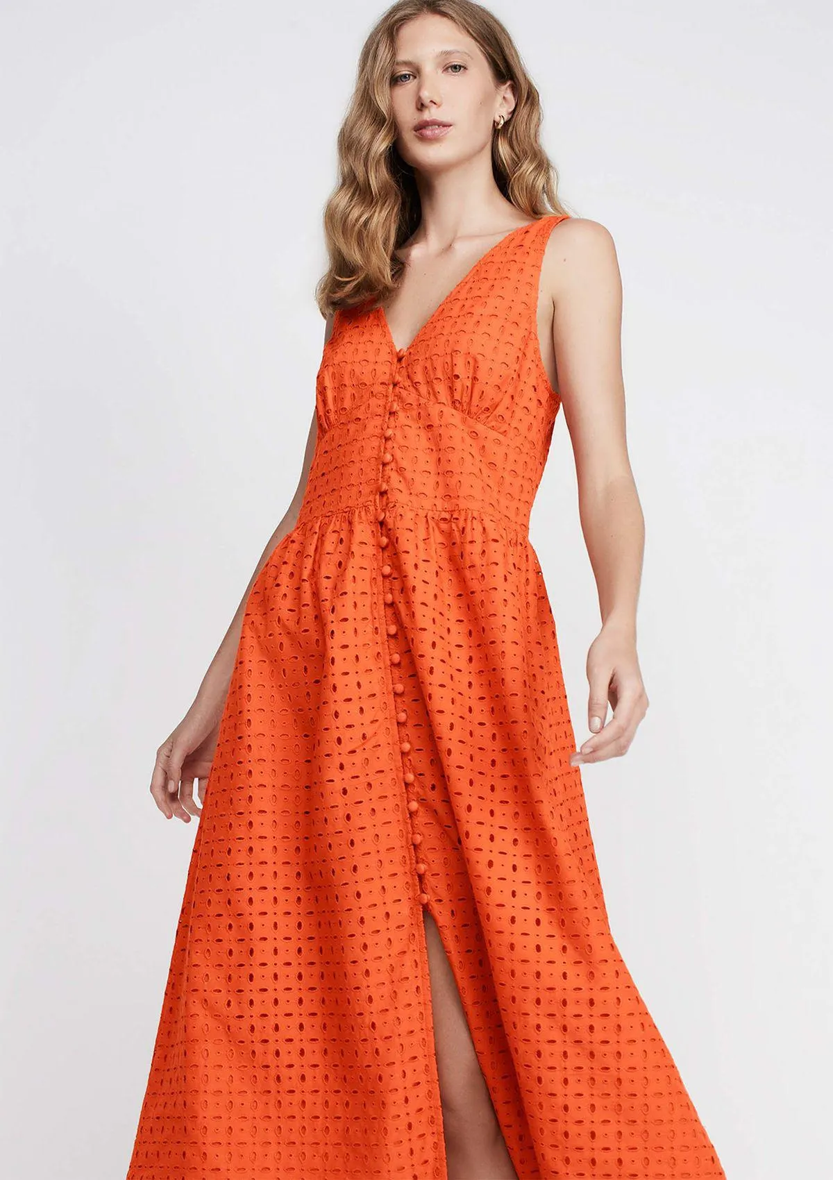 Vestido Midi Evasê Decote V Em Laise - Laranja