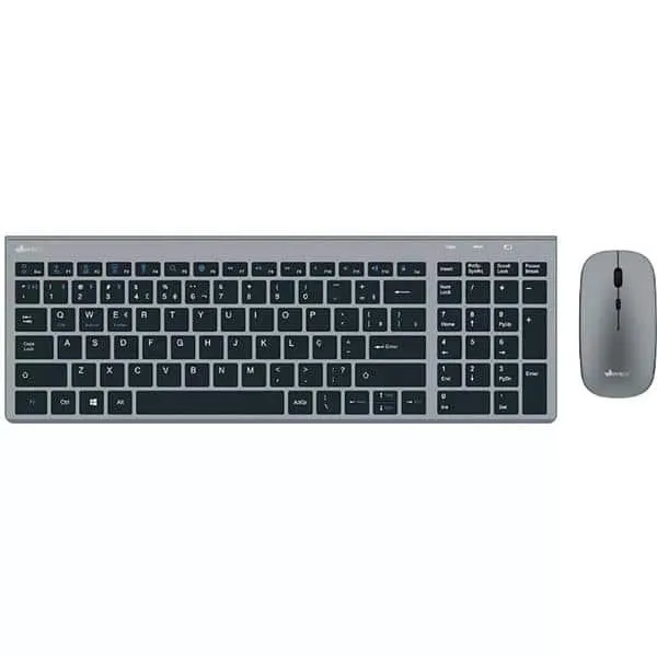 Teclado e Mouse sem Fio, Recarregável, Wireless e Bluetooth, Padrão ABNT2, Cinza, KMWRB451, App-Tech - CX 1 UN