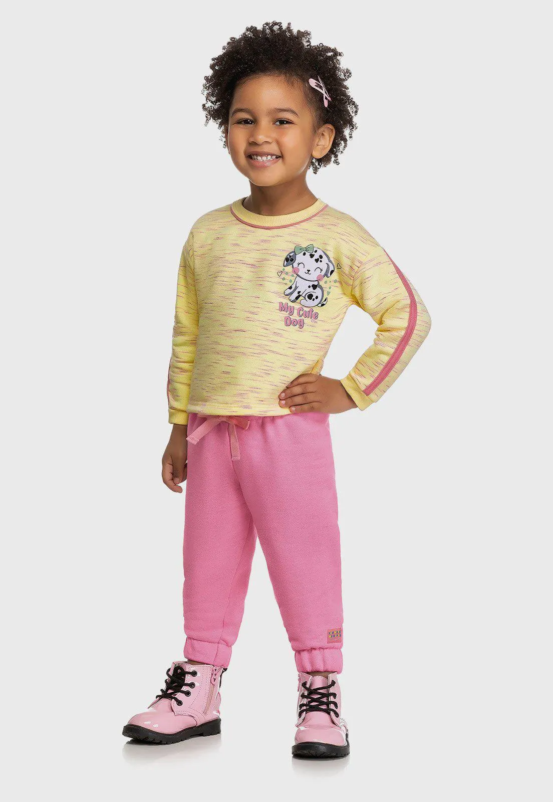 Conjunto 2pçs Manga Longa Infantil Elian Cute Dog Amarelo/Rosa