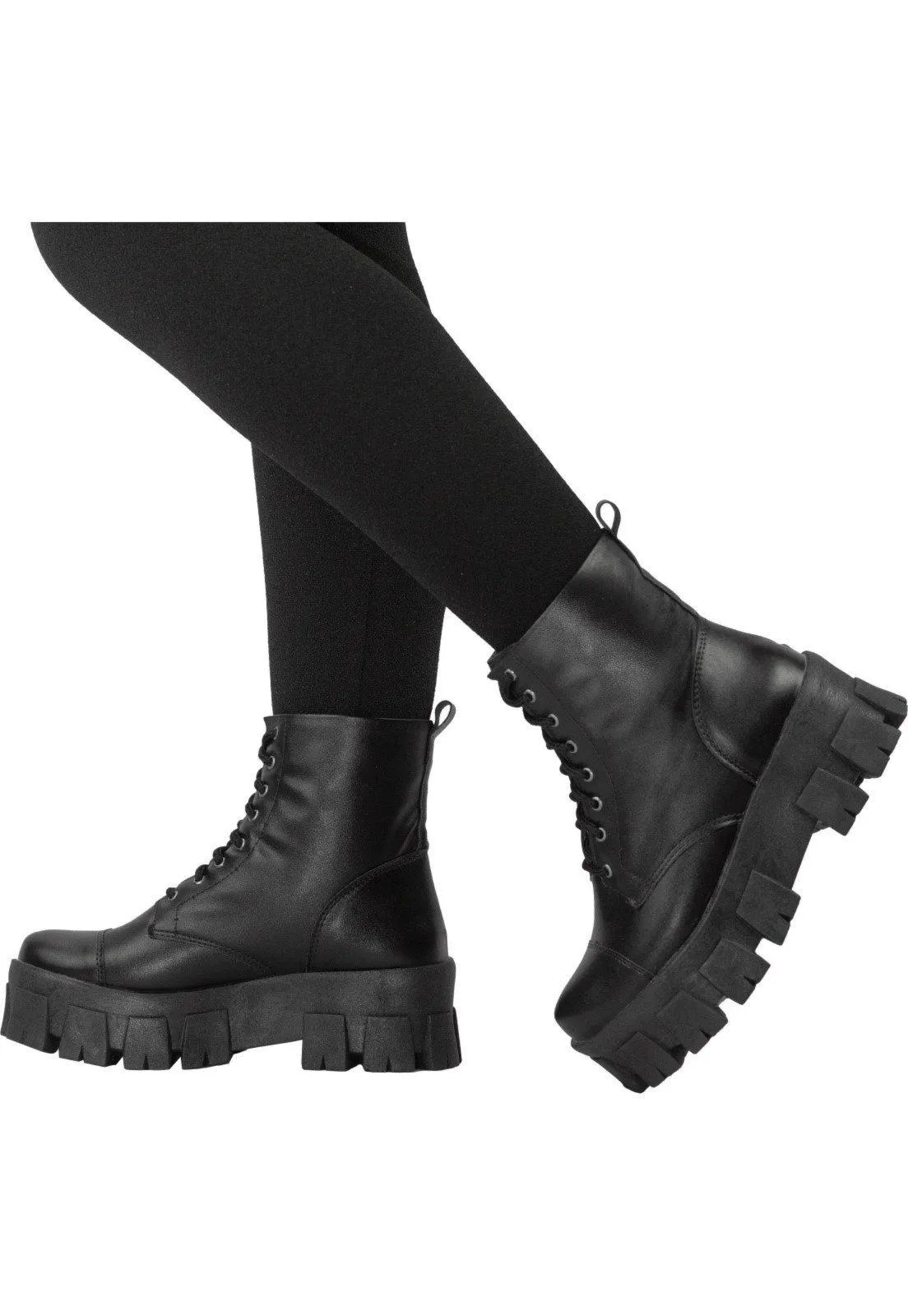 Bota Tratorada Feminina Lumiss Coturno Plataforma Blogueira Cano Curto Preto