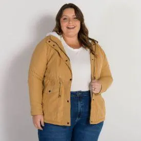 Parka Sarja Com Capuz E Pelinho Patrícia Foster Mais Caramelo
