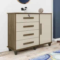 Cômoda RV Móveis Grécia - 4 Gavetas, 1 Porta - Freijó/Offwhite