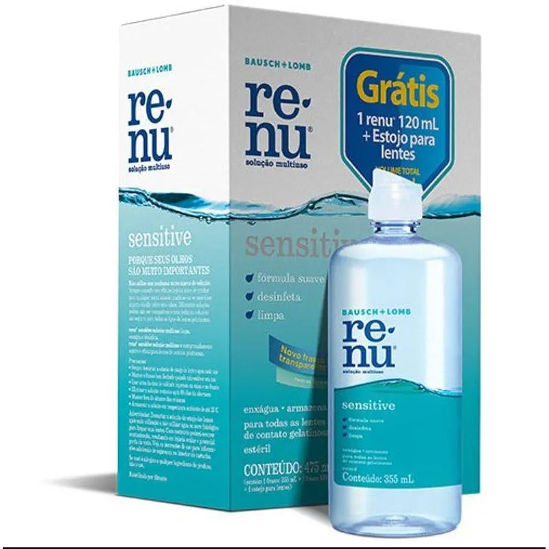 Para você economizar na compra do RENU SENSITIVE 355 ml e ainda levar grátis 1 Renu 120 ml + estojo de lentes.