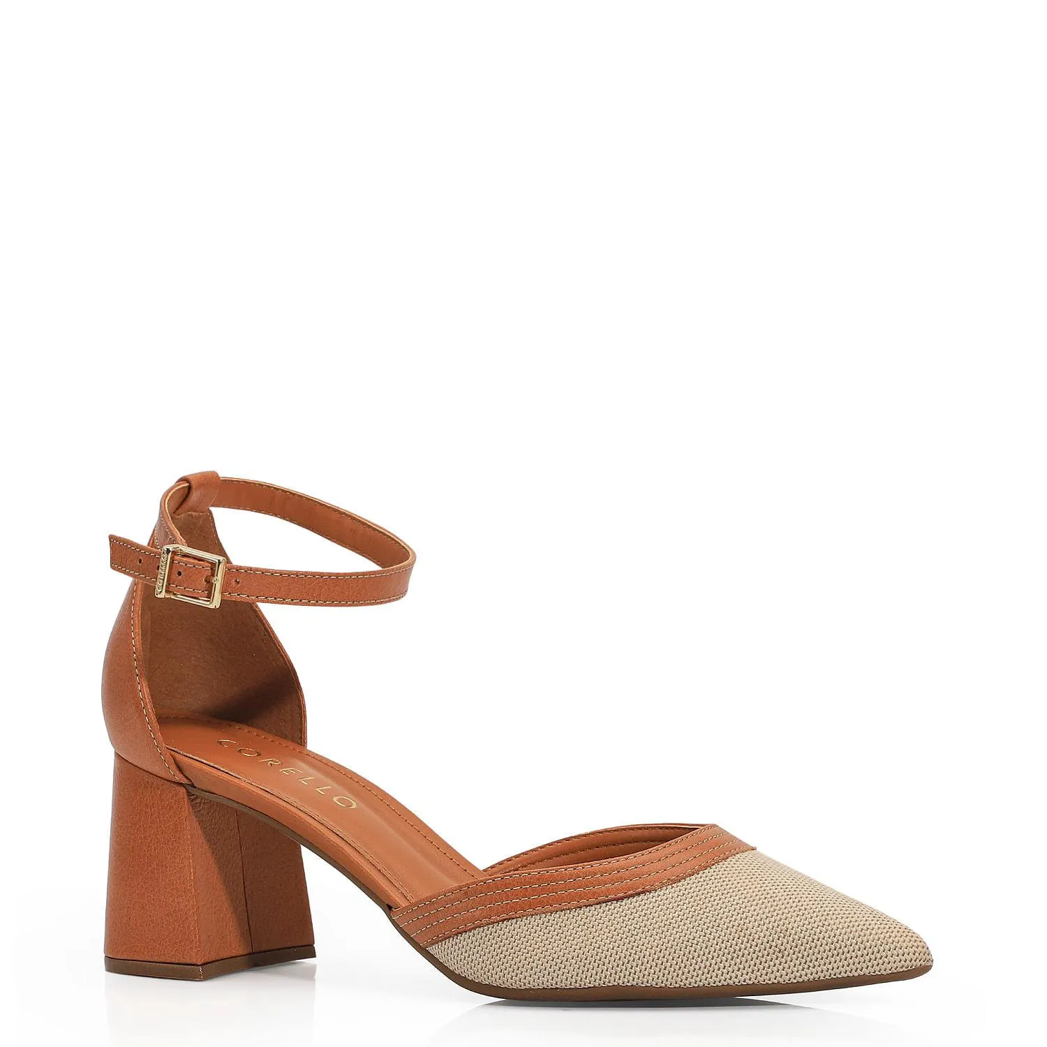 Scarpin Linho/Couro Caramelo