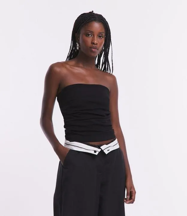 Blusa Tomara que Caia em Ribana com Textura e Drapeado Lateral Preto