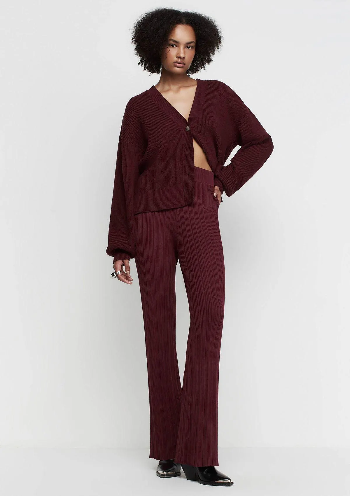 Calça Reta Cintura Alta Em Tricô - Vermelho