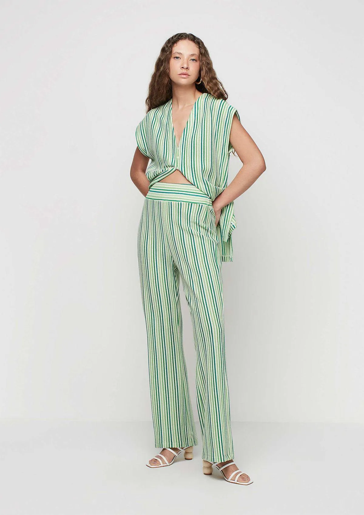 Calça Flare Cintura Alta Em Fio Tinto - Verde