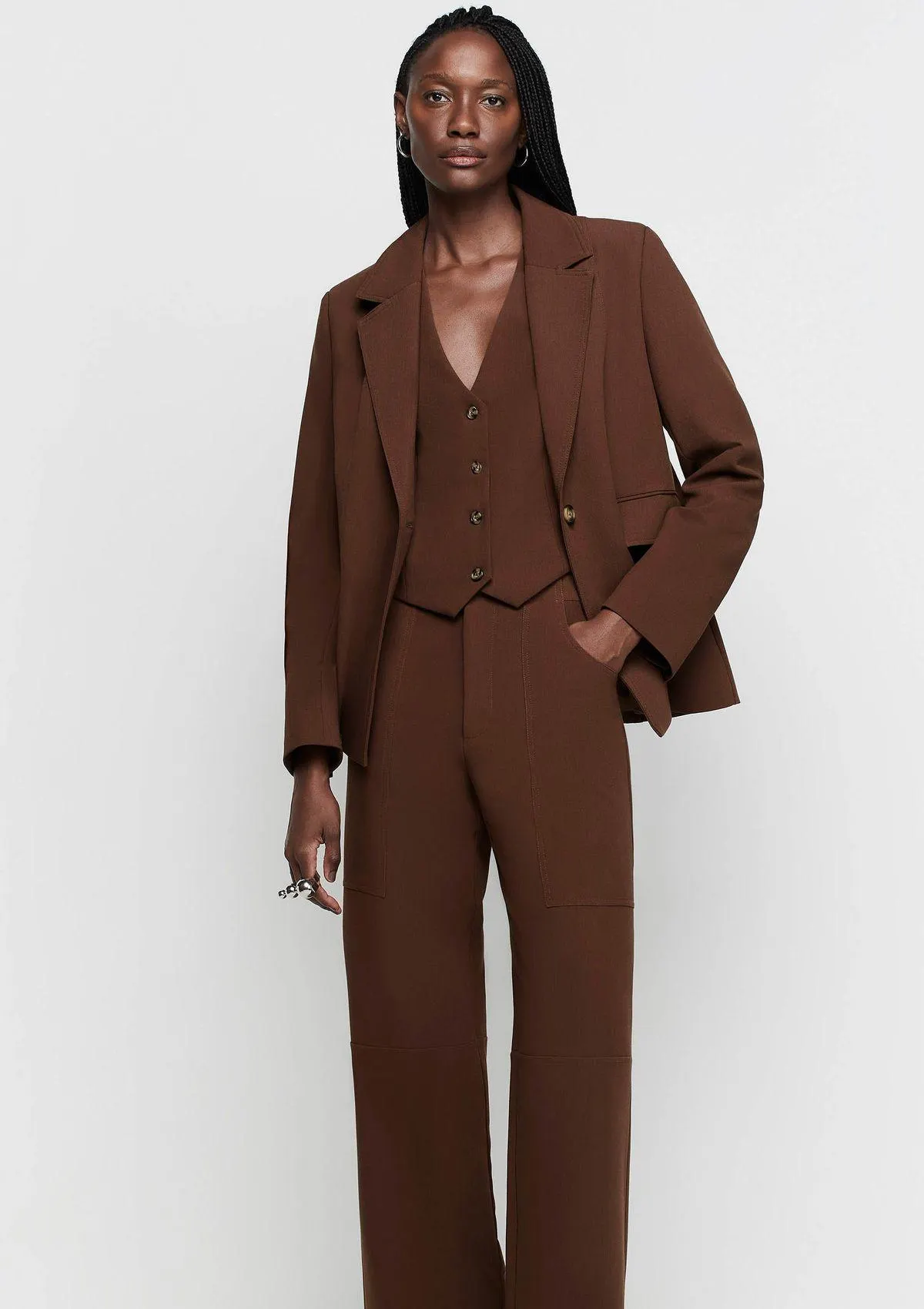 Calça Pantalona Cintura Alta Em Alfaiataria - Marrom