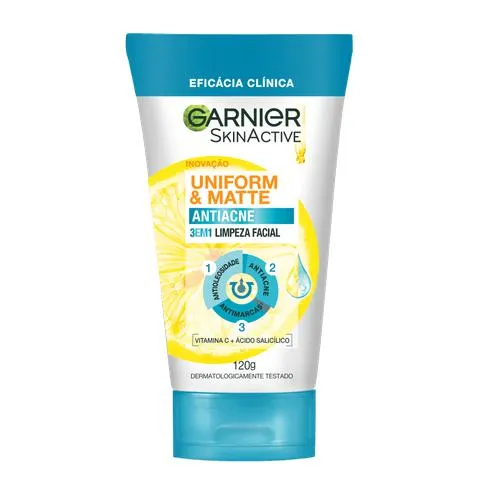 Esfoliante Garnier Uniform & Matte Antiacne 3 em 1 Limpeza Facial 120g