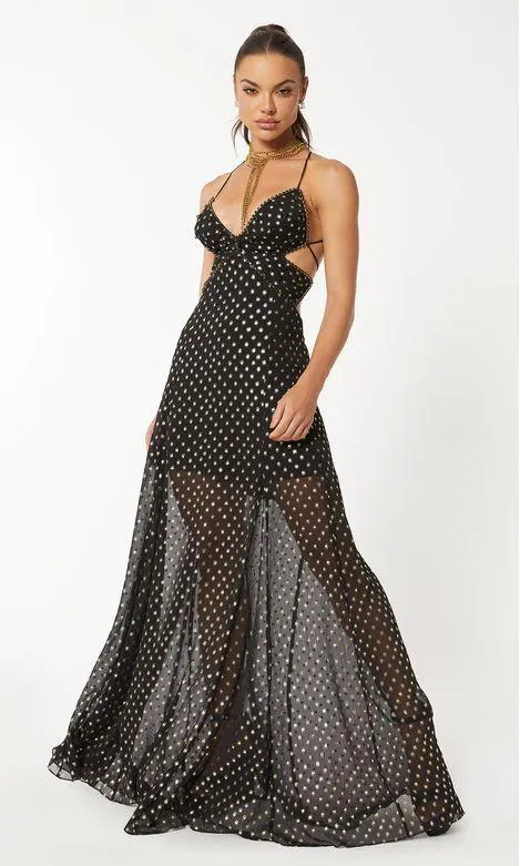 Vestido Longo Butterfly Silk Poá Golden - Preto