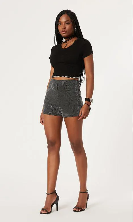 Short Termo Brilho Cintura Alta - Preto Com Prata