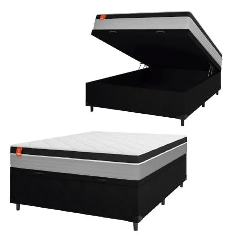 Cama Box Baú Casal Colchão Molas Ensacadas Real 138x188x68cm Preto / Cinza - Suporta até 130Kg por Pessoa