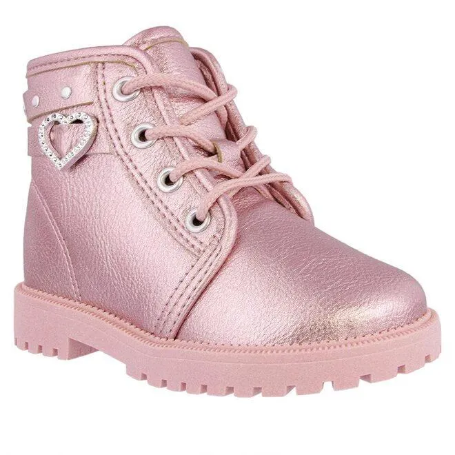 Bota Coturno Molekinha Bebê Coração Rebites Metalizada Rosa